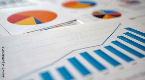 The foreground shows a clear, crisp bar graph with blue bars and a line trending upwards, indicating growth and success. 