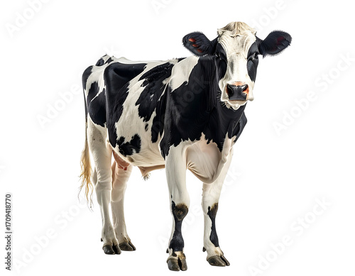 Standing Black and White Dairy Cow Front View, Clean White Background