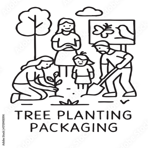 Biodiversity conservation A family participating in a tree planting for wildlife conservation event vector icon