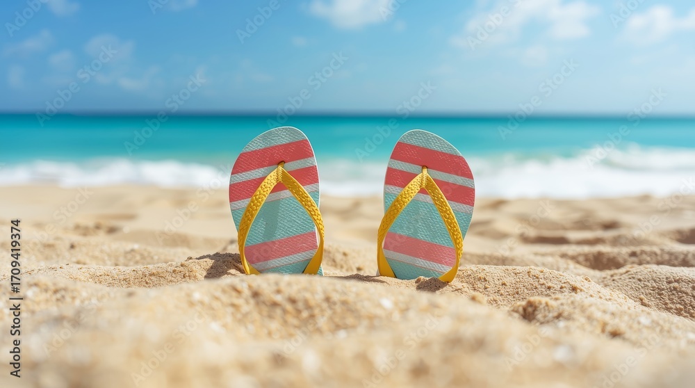 Obraz premium Colorful sandals rest on the sandy beach, ready for a tropical summer vacation.