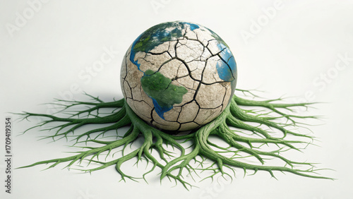 Cracked dry surrealist globe with green root growth powerful metaphor for environmental damage and fight for sustainability against climate change and global warming