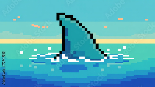 Pixel art shark fin in ocean water illustration great white shark predator sea life marine animal wildlife pixelated