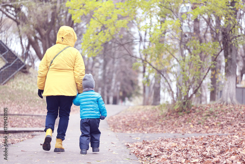 view from the back, a child holding an adult's hand, a walk in the autumn park, a boy with his mother