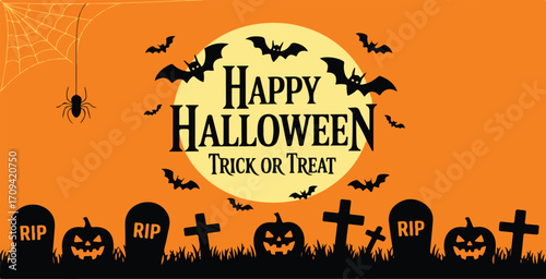 Halloween scene with bats pumpkins and tombstones