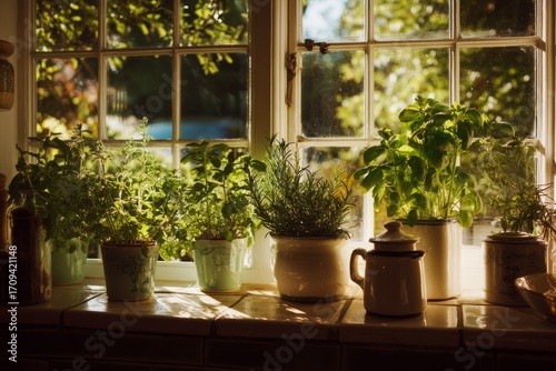A kitchen window with herbs in ceramic pots Sunlight reflects off their green leaves The mood feels homely and cheerful