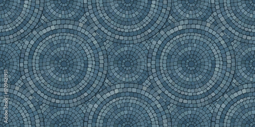 Seamless pattern blue Circular Mosaic. Decorative Antique Stone Ornament.