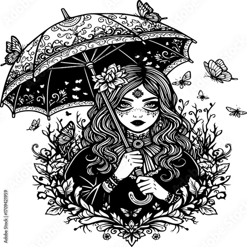 Mystical Maiden and Butterflies: A captivating illustration depicts a woman with floral adornments and holding a decorative umbrella, surrounded by fluttering butterflies.