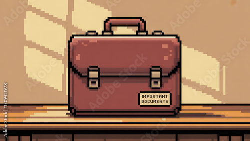 Pixel art briefcase with important documents for business and finance retro style vector illustration