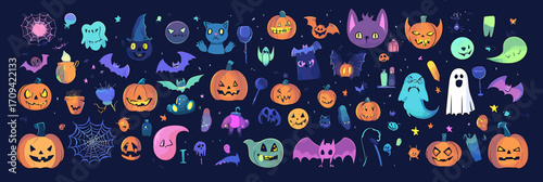 Colorful Halloween icon set with pumpkins, ghosts, bats, cats, spiders, candles, moons, candy, and spooky decorations flat vector illustration on dark background