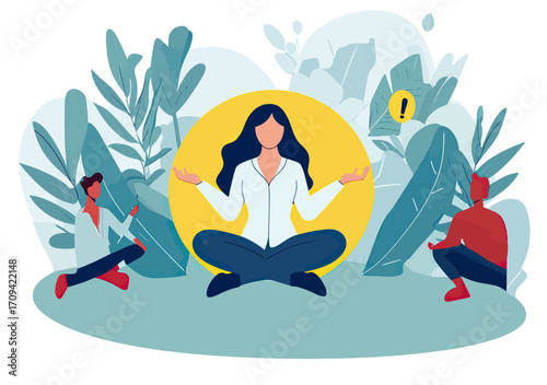 Businesswoman meditating in lotus pose surrounded by coworkers with plants background calm focus mindfulness concept flat vector illustration