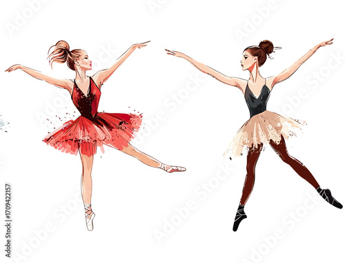 Two elegant ballet dancers performing classical dance poses wearing red and beige tutus with black bodices in minimalist vector illustration style