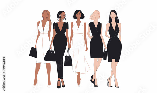 Group of diverse women fashion models in elegant black and white dresses walking confidently together with handbags and high heels minimalist vector illustration