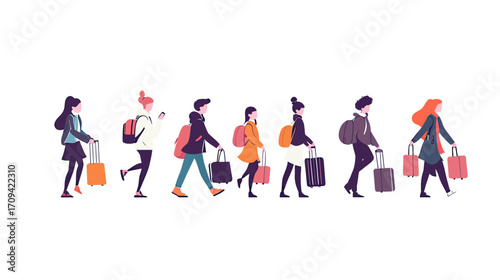 Group of diverse people walking with suitcases backpacks and travel bags airport departure traveling vacation concept flat design vector illustration