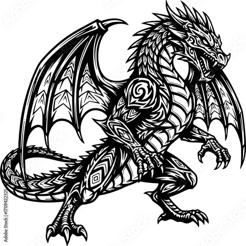 Ancient Guardian: A powerful and fearsome dragon, rendered in intricate black and white detail. Its posture exudes confidence and strength, capturing the mythical essence of this legendary creature.