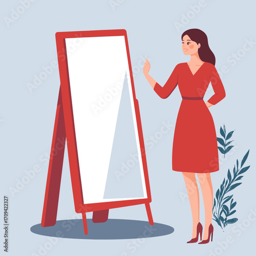 Young woman wearing red dress and high heels standing near full length floor mirror with blank reflective surface and plants background flat vector illustration