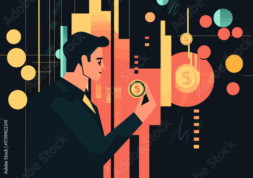 Businessman holding gold coin analyzing abstract financial data with dollar symbols, digital investment concept, dark flat vector illustration