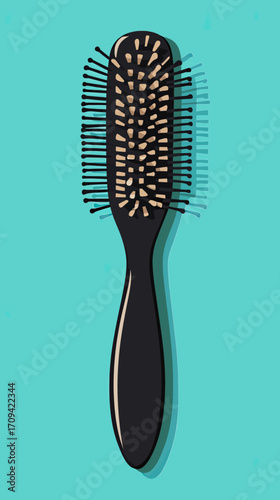 Black hairbrush with plastic bristles and cushioned base isolated on blue background flat minimalist vector illustration for grooming and beauty care concepts