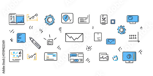 Hand drawn software coding icons set with line graphs settings charts data files envelope and computer monitors in minimalist flat vector style