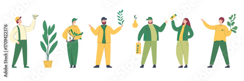 Diverse group of men and women celebrating sustainable growth with plants and eco friendly symbols flat vector illustration