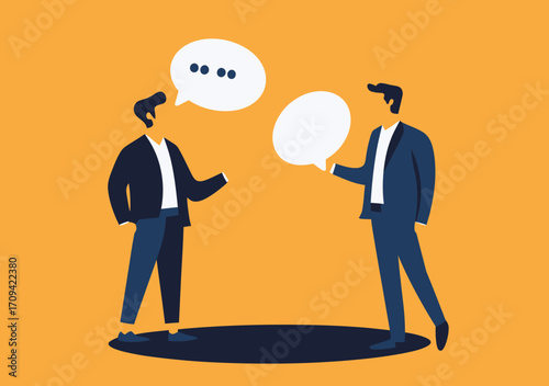 Two businessmen in formal suits conversing with speech bubbles, flat minimalist style communication and dialogue concept illustration on orange background