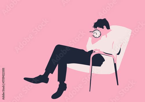 Relaxed man sitting on chair drinking from alarm clock as cup against pink background minimalist flat vector illustration