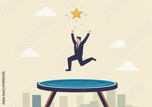 Businessman jumping on trampoline reaching star success achievement career goal growth concept flat vector illustration