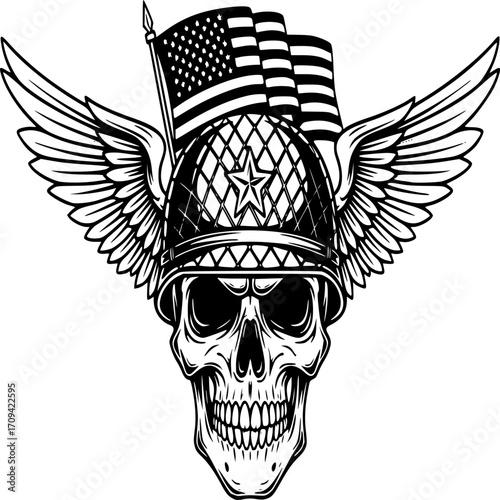 Tribute to Valor: An artful, monochromatic portrayal of a skull adorned with a military helmet, flanked by majestic wings and surmounted by the flag, evokes the spirit of courage, honor.