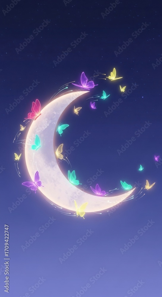 Fototapeta premium Crescent moon with glowing butterflies in a starry night sky stars