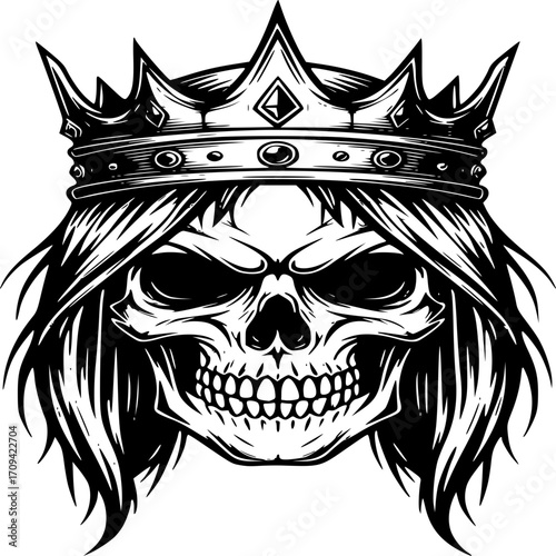 Crowned Skull: A formidable black and white illustration of a skull adorned with a majestic crown, embodying a sense of power and mystery.