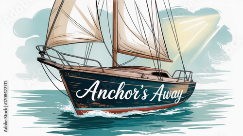 Sailboat sailing yacht on water under sky seascape illustration with anchor's away text nautical theme image