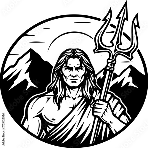 Mystical Poseidon in Circle: A striking illustration of Poseidon, the Greek god of the sea, with long flowing hair and a stern expression.