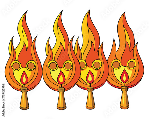 Four Cartoon Flames with Googly Eyes and Gold Stands on White Background