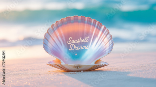 Beautiful seashell on beach photo for summer vacation and coastal decor with ocean background image for sale
