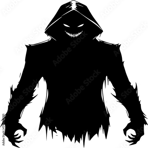 Shadowy Figure in the Darkness: A sinister, hooded silhouette emerges from the darkness, its menacing features casting an eerie presence and instilling a sense of suspense.