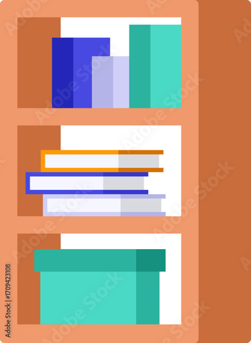 vector illustration of an abstract background A bookshelf with various colored books, with a brown and orange background and a red dot
