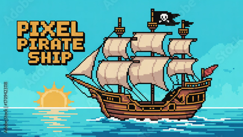 Pixel art pirate ship sailing on the ocean with skull flag and sunset illustration for game development use
