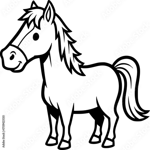 Cartoon Horse: A charming monochrome illustration of a friendly horse, designed with clean lines and a delightful presence, ready for coloring or design purposes.