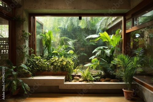 A large window with tropical plants clustered at the base The space feels like a mini indoor garden The mood feels lush and calming