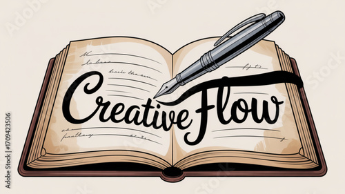 Creative writing book with pen illustration for authors writers and creative flow inspiration concept