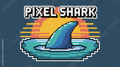 Pixel art shark fin in ocean waves retro sunset background digital illustration design graphic element