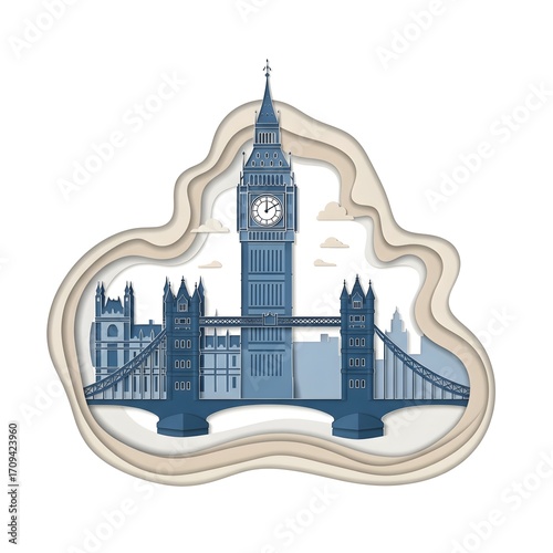 Detailed paper-cut design of Big Ben and London Bridge, layered blue and beige paper textures, smooth cut edges with folded shadow effects, minimal elegant travel poster style, isolated on seamless wh