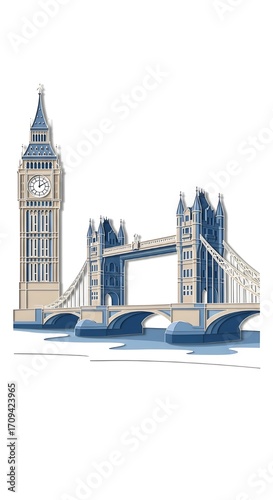 Detailed paper-cut design of Big Ben and London Bridge, layered blue and beige paper textures, smooth cut edges with folded shadow effects, minimal elegant travel poster style, isolated on seamless wh