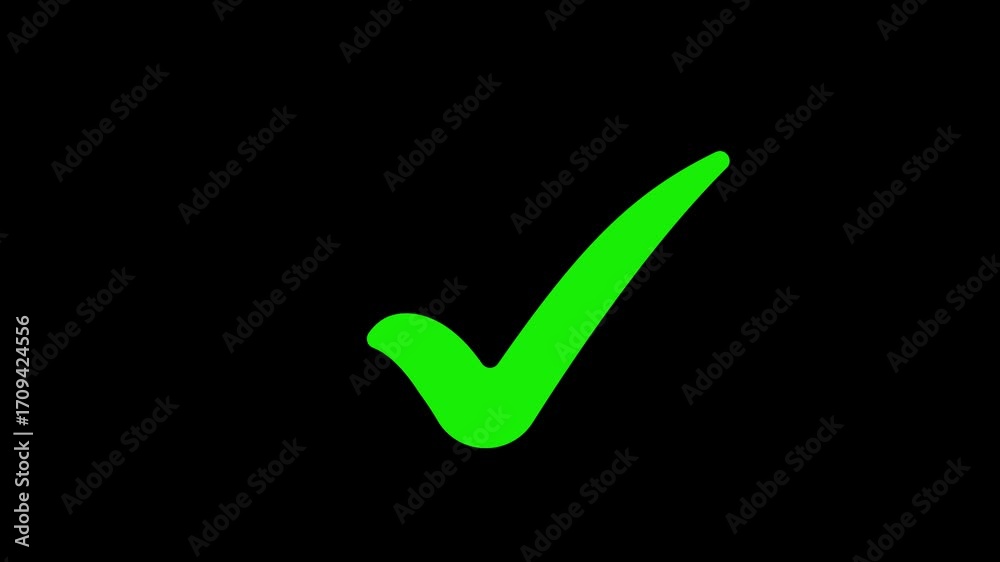 Green Tick mark icon animation on isolated black background. Check mark icon animation. right check mark icon transparent background. isolated tick mark or confirm icon animation. check mark sign,
