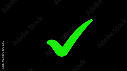 Green Tick mark icon animation on isolated black background. Check mark icon animation. right check mark icon transparent background. isolated tick mark or confirm icon animation. check mark sign,