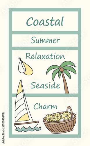 Coastal-inspired multi-frame composition featuring a sailboat, palm tree, oysters, and lemon slices with text quotes evoking summer relaxation and seaside charm