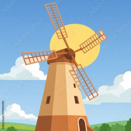 Countryside Windmill: A quaint windmill stands proudly in a serene countryside scene. The image portrays the fusion of rustic charm and natural beauty.