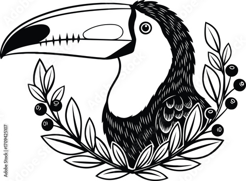 Tropical Toucan Bird Line Art with Botanical Wreath – Vector