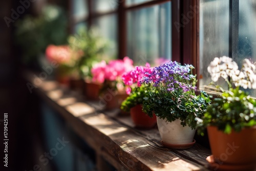 A narrow windowsill lined with small flowering plants Their colors pop in the sunlight The mood feels joyful and fresh
