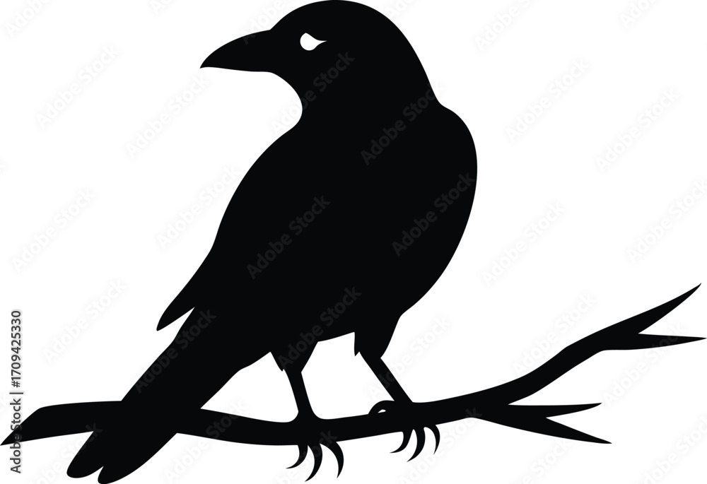 Fototapeta premium Black Crow Silhouette on Branch Vector Illustration.