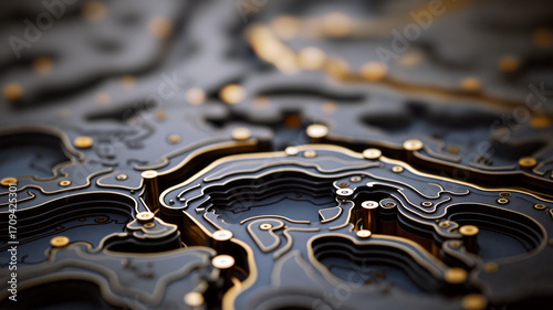 Layered abstract shapes interconnect in a striking design featuring metallic gold accents. Generative AI.